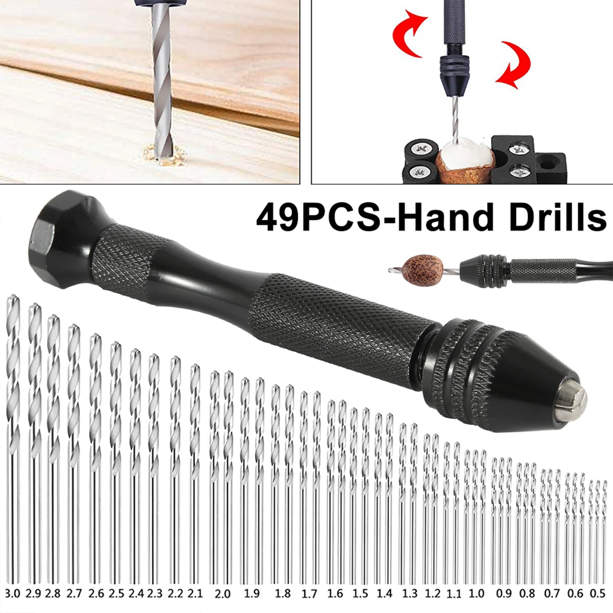 49pcs 0.5-3mm Hand Drill Set Mini Aluminum Hand Drill Bit Jewelry Craft Manual Drill Woodworking Tools Drill Bit Drilling Tool