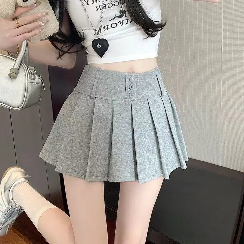 Grey pleated short skirt for women 2025 new summer style high waist slimming casual anti glare versatile A-line skirt