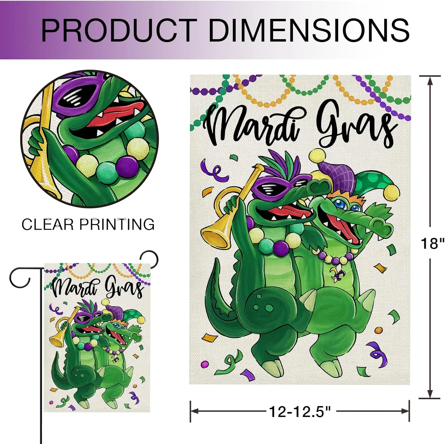 Hzppyz Mardi Gras Green Alligator Garden Flag Double Sided, New Orleans Carnival Masquerade Mask Decorative Yard Outdoor Home Sm