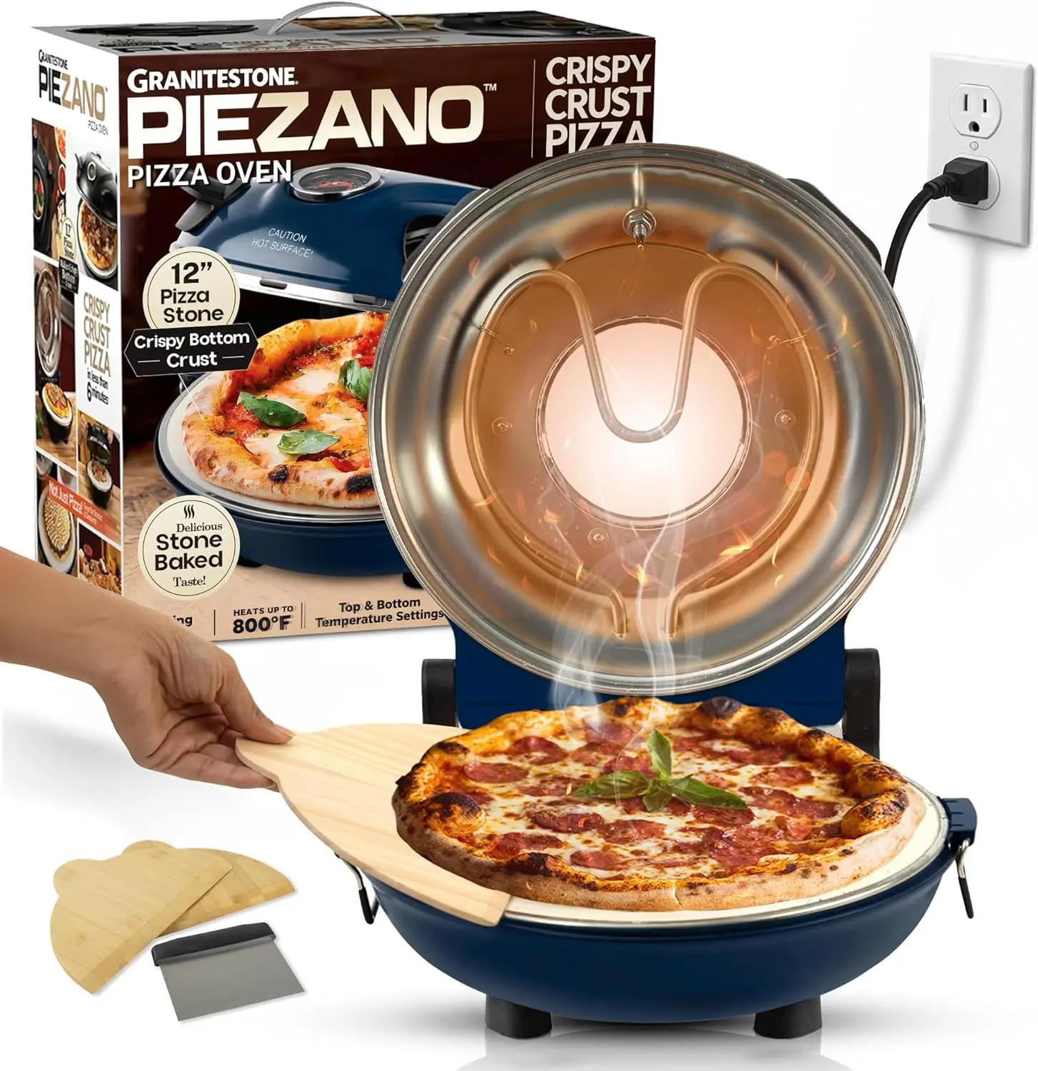 Horno Eléctrico para Pizza Portátil para Interiores, de 12 Pulgadas para Encimera, Calienta hasta 800 Grados ° Pizza Casera con Base Crujiente al Horno - Navy