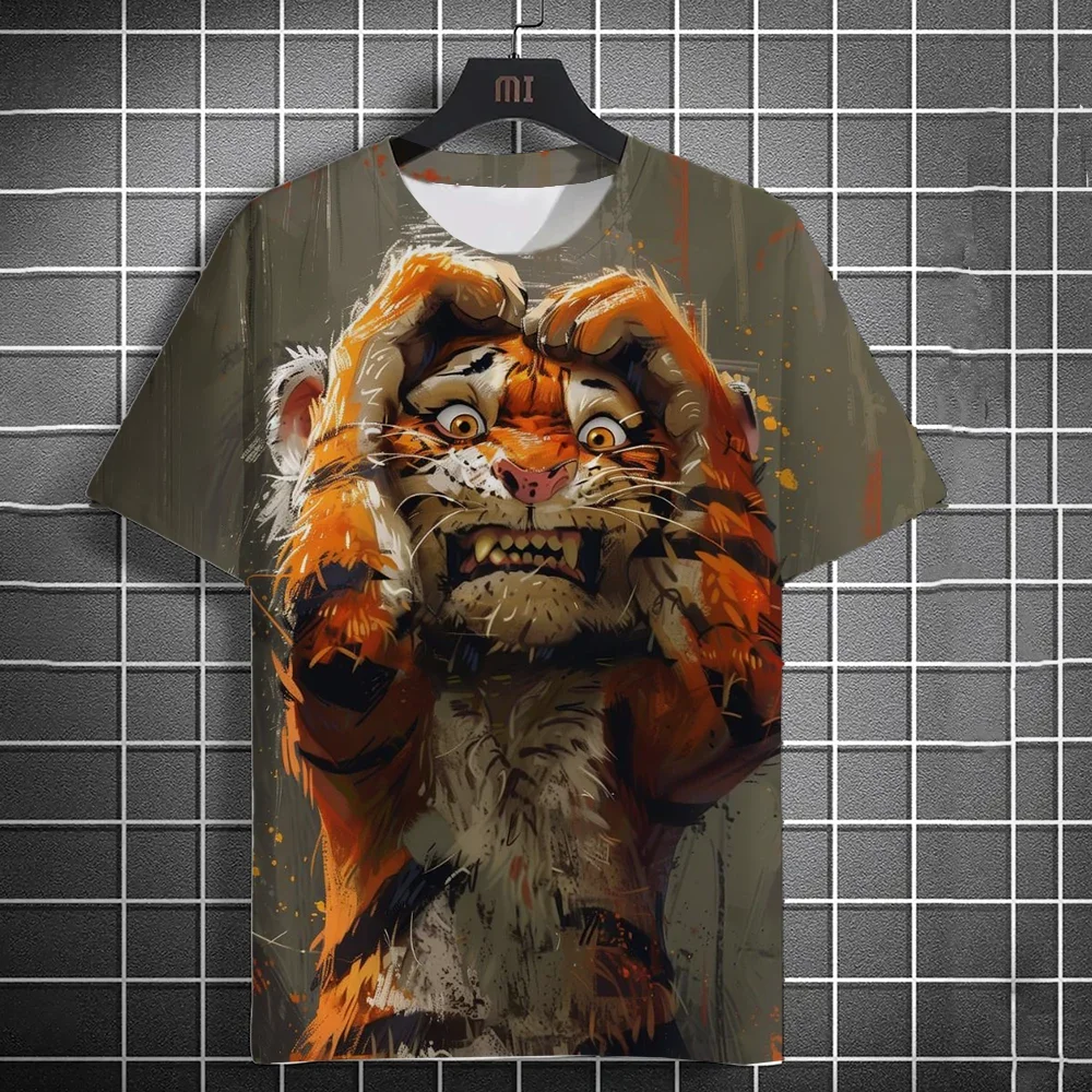 

2025 New Fashion Men's Casual T-shirt 3D Printing Fun Animal Print Short Sleeve Street Fashion Tiger Print Round Neck Top
