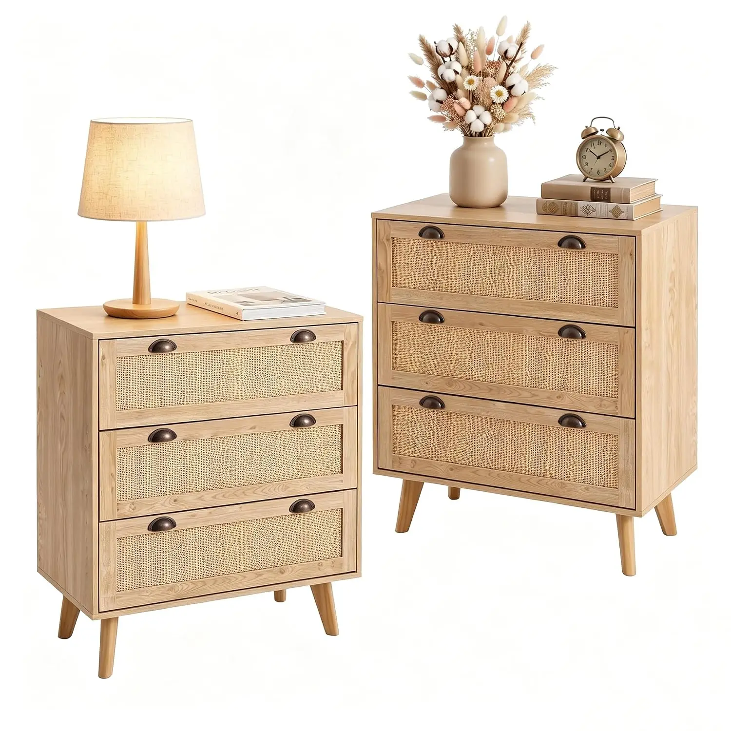 Rattan Nightstand 3 Drawer Dresser Storage Cabinet Set of 2, Customized