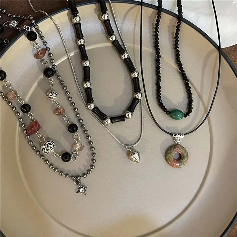 

2 Vintage Peace Button Pendant Necklace, Natural Stone Bead Chain, Collar Necklace Set, Fashion Punk Necklace for Men and Women