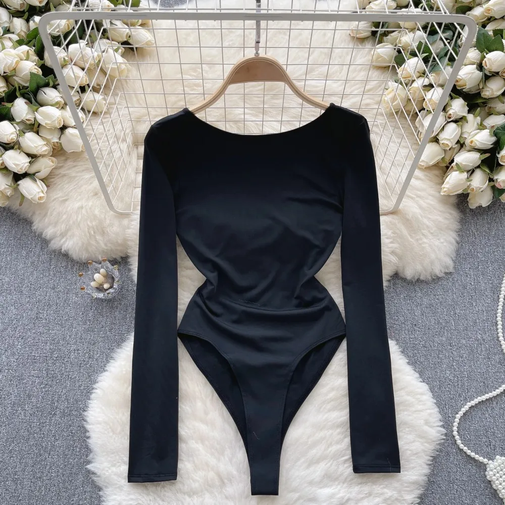 ssTss Sexy Front Hollow Out Women's Bodysuits for Spring Summer Black O-Neck Long Sleeve Slim Fit Jumpsuits One-Piece shirt Tops