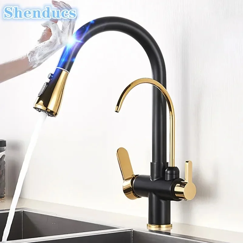 Touch-Control Filtered Kitchen Faucet Three-level hot and cold water faucet Copper pull-out type Sensor touch-control kitchen fa