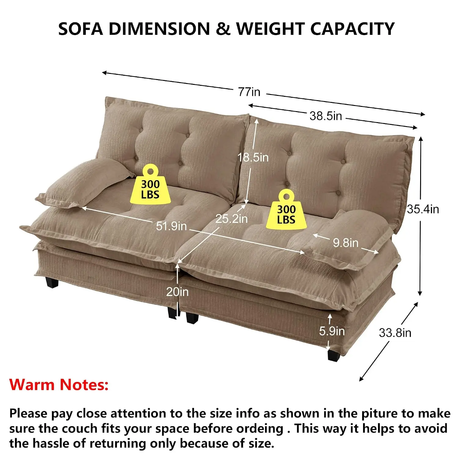 Modular 2 Seater Sofas for Living Room,Roomy Tufted Loveseat Cloud Couch with Deep Seat,Chenille Small Love Seat, Customized