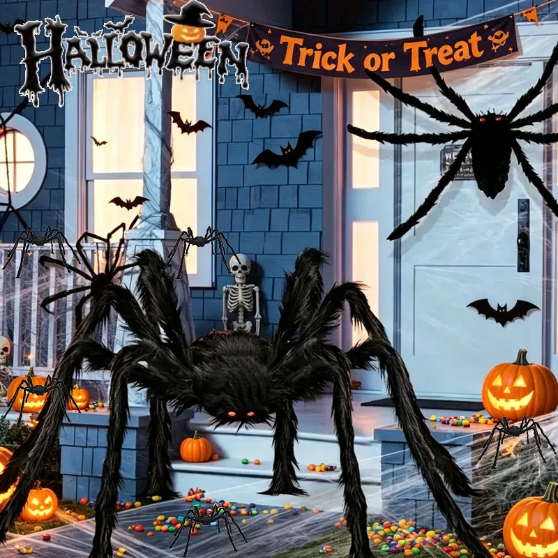 1PC Giant Fluffy Halloween Spider Plush Black Fake Spider Prop for Scary Outdoor Party Haunted House Decor Scene