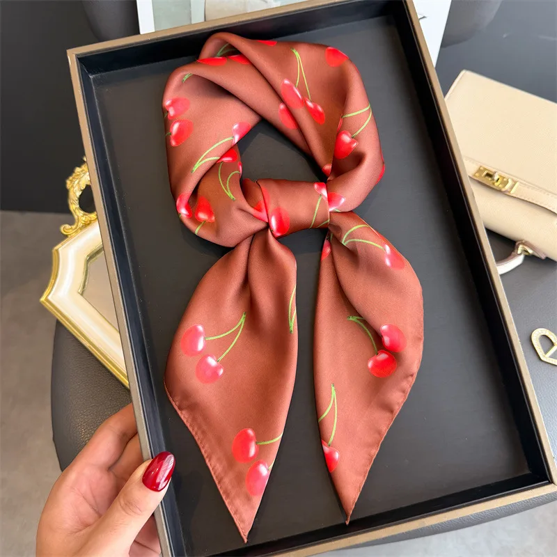 

Cherry Print Square Scarf Women Satin Shawl Wrap Hijab Female Hair Band Wrist Luxury Headkerchief 70*70cm Echarpe 2025 Bandana