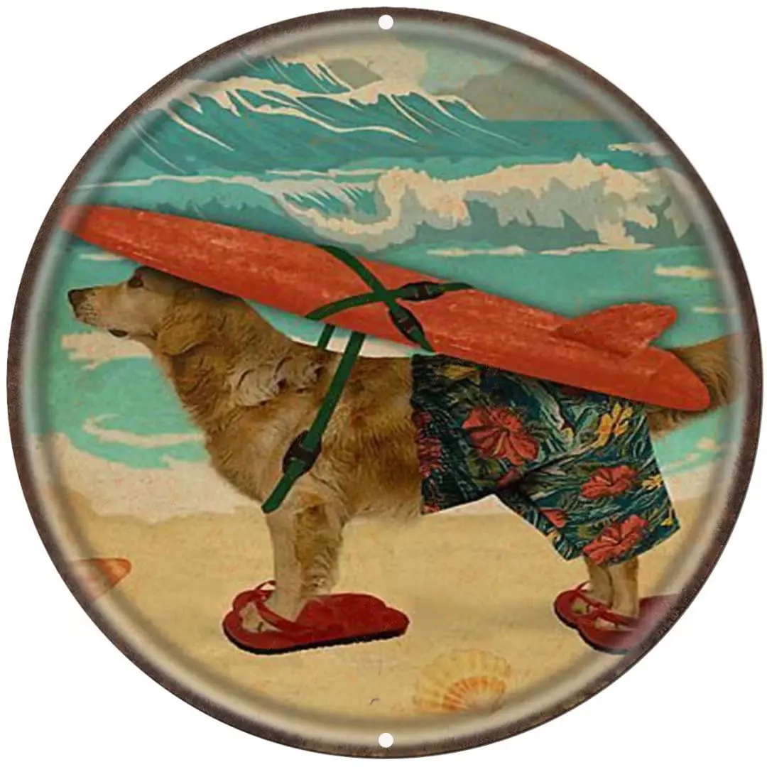 WZVZGZ Metal Tin Sign Circle Round Sign Surfing Club Golden Retriever,Round Metal Sign Plaque for Home Garden Kitchen Bar Cafe R