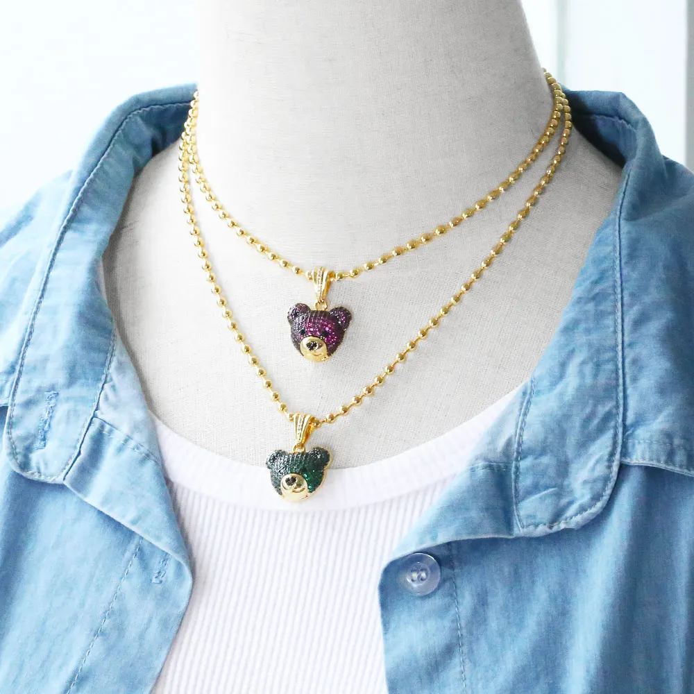 FLOLA Cute Fuchsia Crystal Bear Head Necklaces for Women Gold Plated Beaded Chain Teddy Bear Necklaces CZ Jewelry nkev48