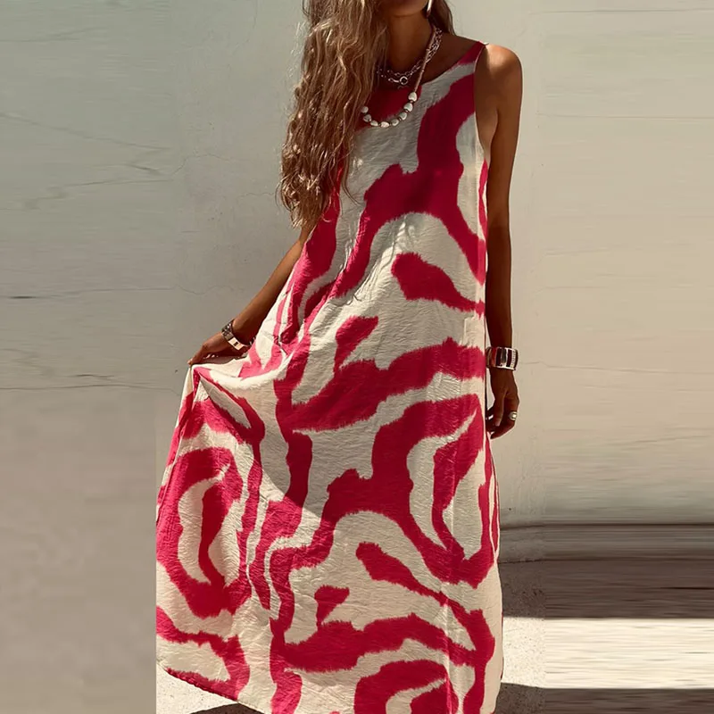 Women Sexy O Neck Backless Party Dress 2024 Spring Printed Loose Boho Long Dress Summer Sleeveless Tank Beach Maxi Dress Vestido