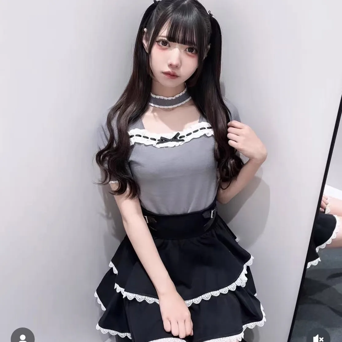 Style japonais élégant doux broderie volants Patchwork arc creux col carré manches bouffantes décontracté tricoté T-Shirts hauts femmes