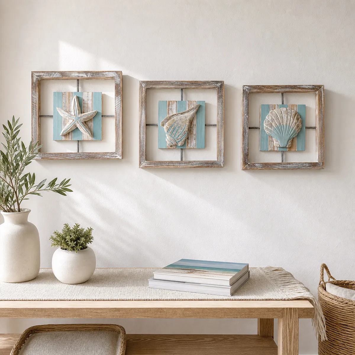 Rustic Starfish Shell Wood Wall Art, Beach Ocean Themed Bird Wall Decor Mediterranean Style Solid Wood Triptych Wall Decoration
