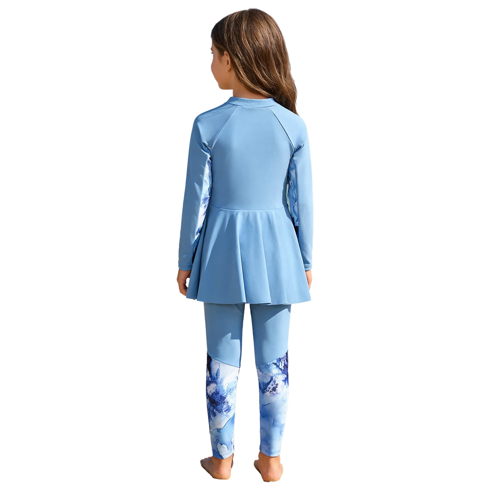 Girls Three Pieces Swimsuit Full Coverage Surfing Swimwear Long Sleeve Half Zipper Dress Top with Briefs Long Pants Bathing Suit