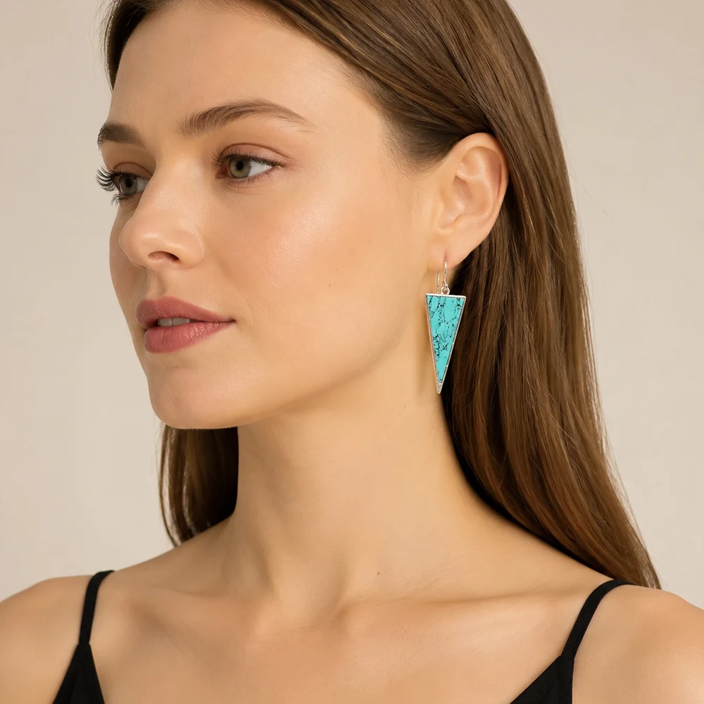 Dreieckige türkisfarbene Tropfenohrringe im neuen europäischen Stil, edler Schmuck für Frauen, klassisches Geschenk aus 925er Sterlingsilber – Detail 2