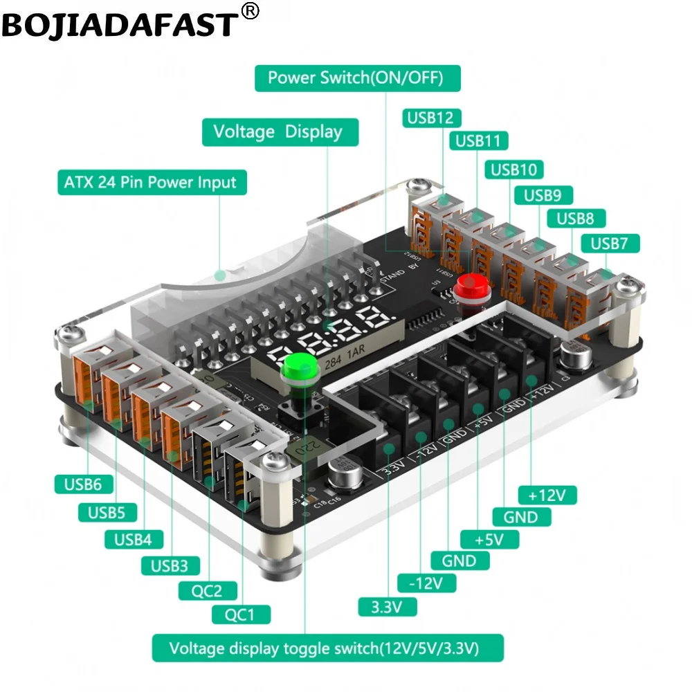 ATX 24PIN Female Input to 10 * USB & 2 x QC Connector Breakout Board Adapter 3A Maximum Output With Voltage Display