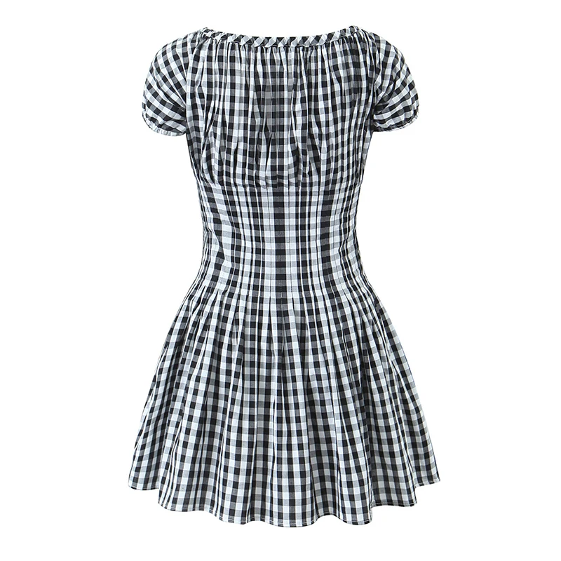 YENKYE Summer Women Black White Plaid Slim Fit Waist Dress Vintage Puff Sleeve O Neck A-line Mini Casual Dresses