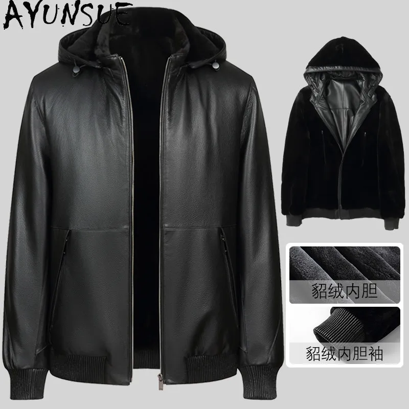 AYUNSUE-Chaqueta de cuero genuino 100% de piel de vaca para hombre, Parkas con capucha y forro de piel de visón auténtica para invierno, abrigos de piel de cuero negro cálidos de lujo