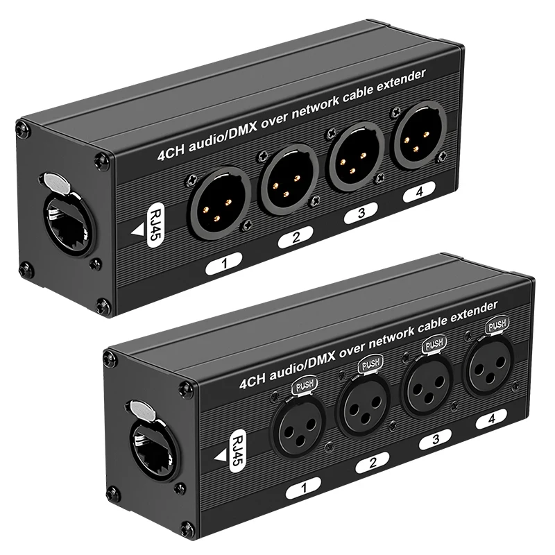 RJ45 CAT5 to 4 Channel 3Pin XLR/DMX Audio Extender DMX512 Network Signal gilding Extender For Live Stage, Audio Recording Studio
