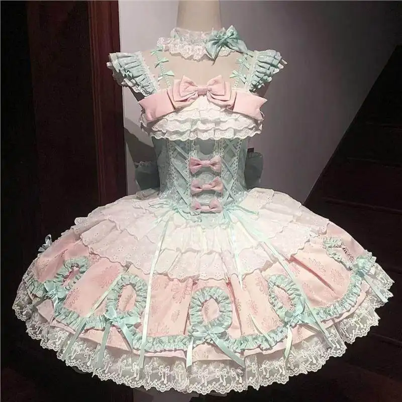 Original Lolita Full Set New Spring Summer Sleevelesss Jsk Strap Dress Age Reduction Cute Bow Elegant Lace Princess Puff Dress