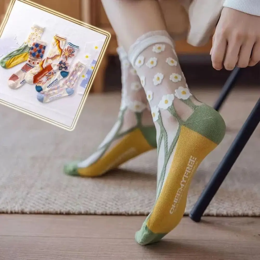 

5 пар сетчатых прозрачных носков с цветочным принтом, стильные дышащие тюлевые носки средней длины, стеклянные шелковые женские чулочно-носочные изделия, милые женские носки