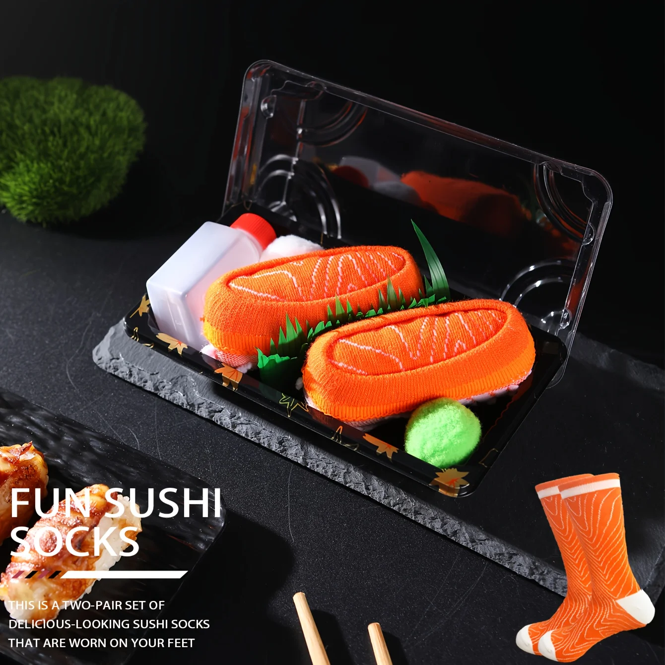 1 Pair of Mid-Calf Men's Socks, Suitable for Both Men and Women, Novel and Fun, Colorful Salmon Sushi Gift Box Socks, European and American Fashion Trend Style, Comfortable and Breathable, Party Casual Novelty Gift, Valentine's Day, Christmas, Santa Claus, Autumn and Winter Style, All-Season Style, Cute and Fun Socks