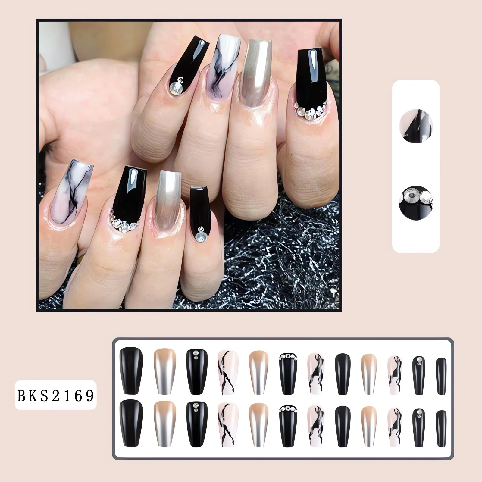 Glamorous Black Marble Nail Covers with Shimmering Diamonds Press-On Nail Tips for a Luxurious Manicure