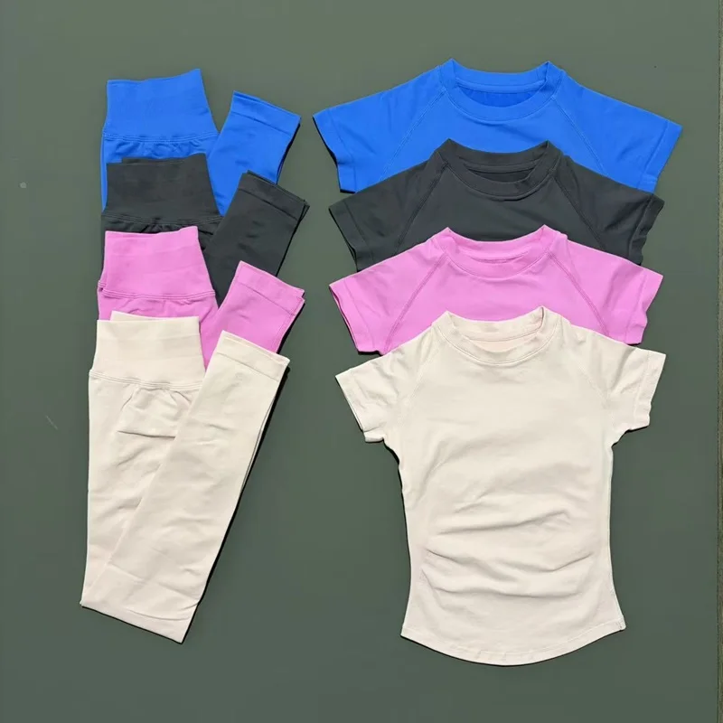 Histello-Conjuntos deportivos de manga corta para mujer, conjunto de Fitness para Yoga, Leggings deportivos para correr, traje de gimnasio, 2 piezas