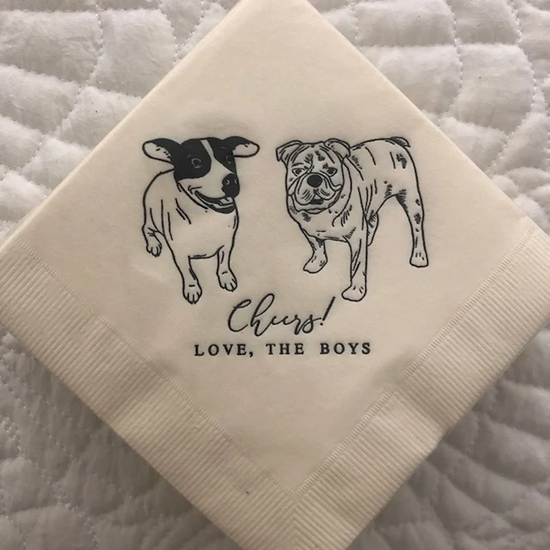 50pcs Custom Dog Wedding Cocktail Napkins, Personalized Pet Illustrations, Sketch from Photo, Dog Lover Wedding,Pet Art Napkins