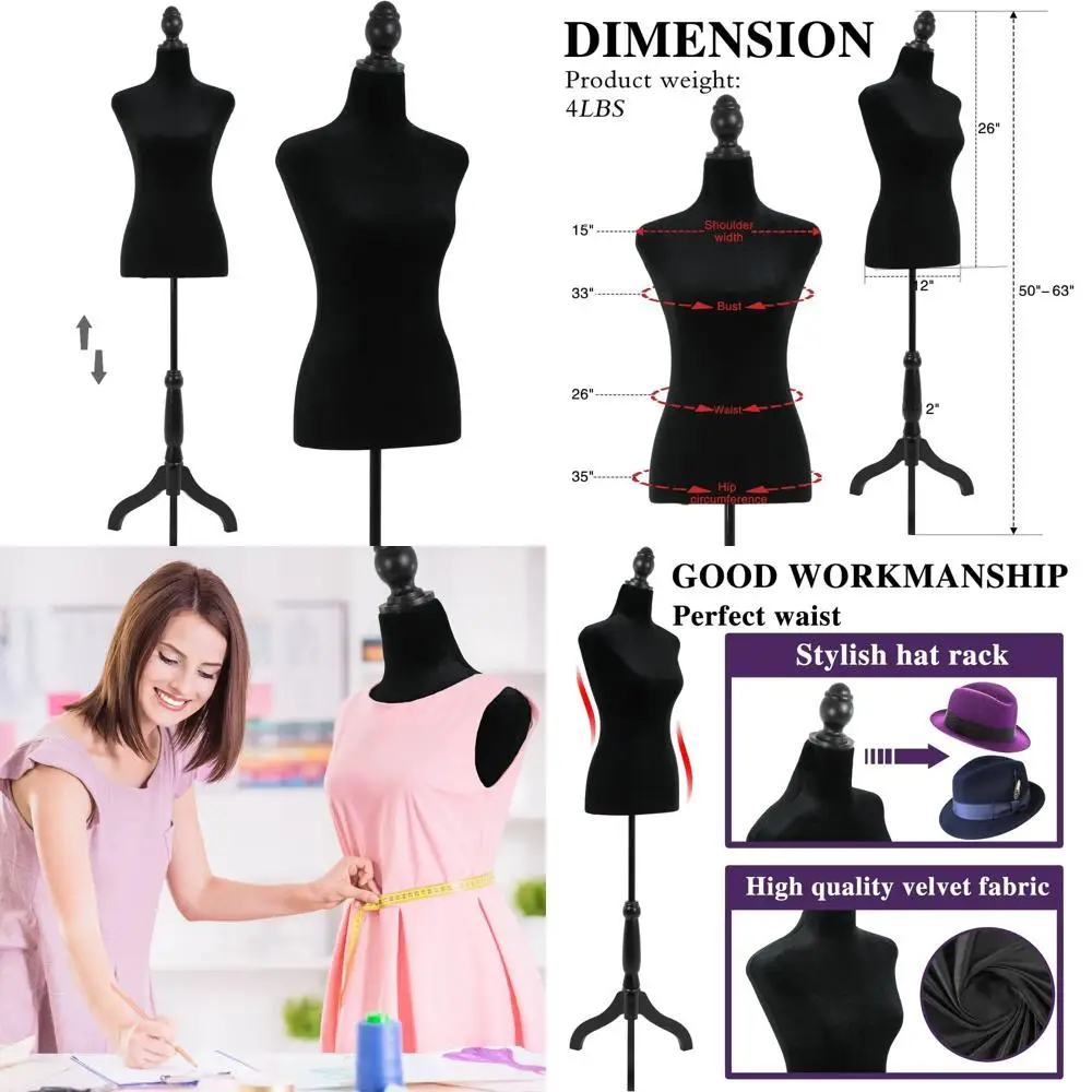 

Adjustable Height Wooden Tripod Mannequin for Women, 50-63, Ideal for Sewing and Display (Black)