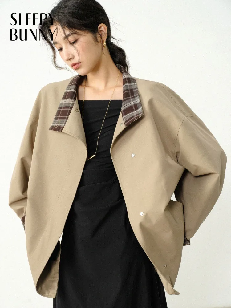 

Plaid Contrast Stand Collar Trench Coat Vintage Loose Jacket British Style Oversized Outerwear for Women Autumn Casual Fashion