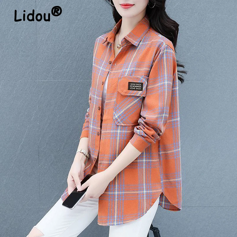 Vintage Classic Plaid Applique Button Up Shirt Fashion Casual Irregular Loose Long Sleeve Cotton Tops Blouses for Women Clothing