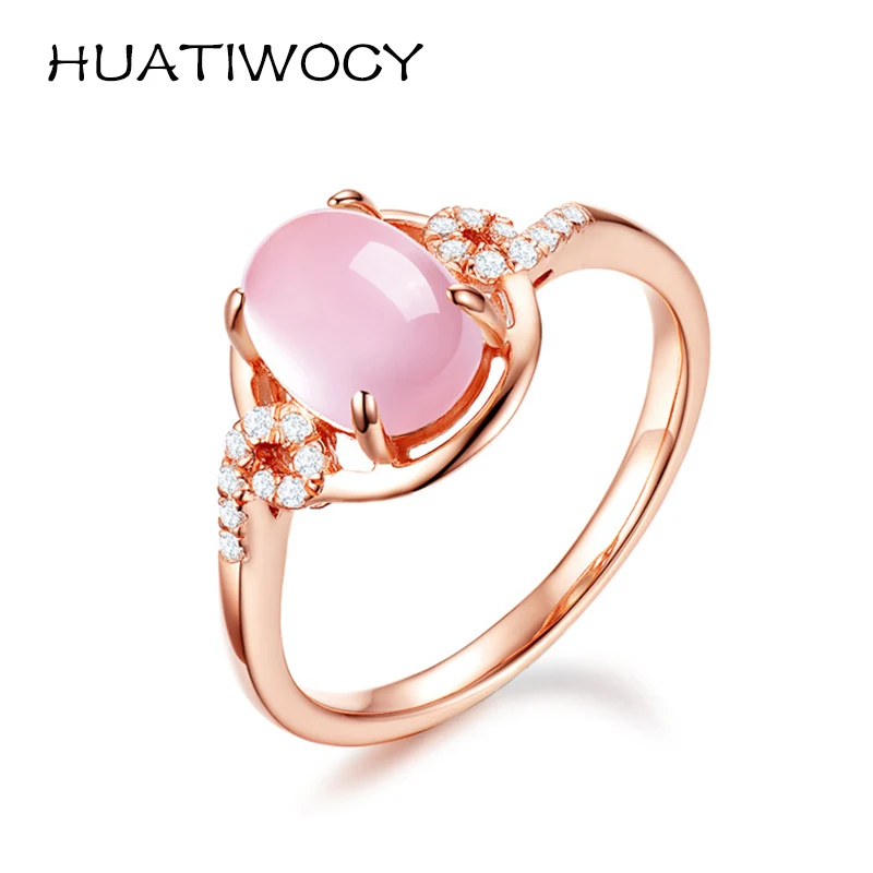 Trendy Ring Silver 925 Jewelry with Oval Rose Quartz Zircon Gemstone Rose Gold Color Finger Rings for Women Wedding Party Gifts