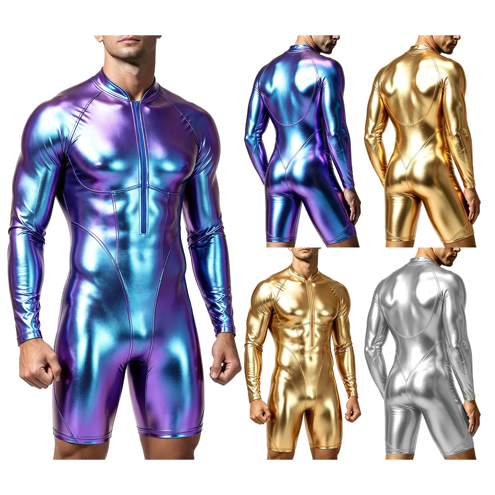 Men Metallic Shiny Disco Dance Gymnastics Bodysuit Long Sleeve Simulated Abdomin Muscle Jumpsuit One Piece Swimwear Clubwear