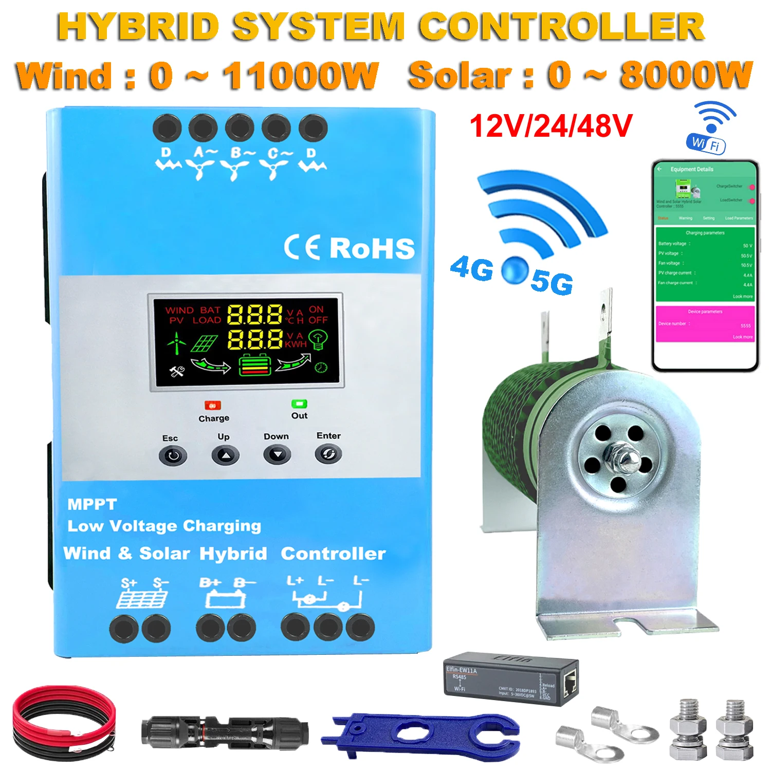 Controlador de carga Solar MPPT de 12, 24 y 48V con carga de descarga para Panel Solar de 4000W, generador de viento de 4kW, ecualizador de batería de litio Lifepo4