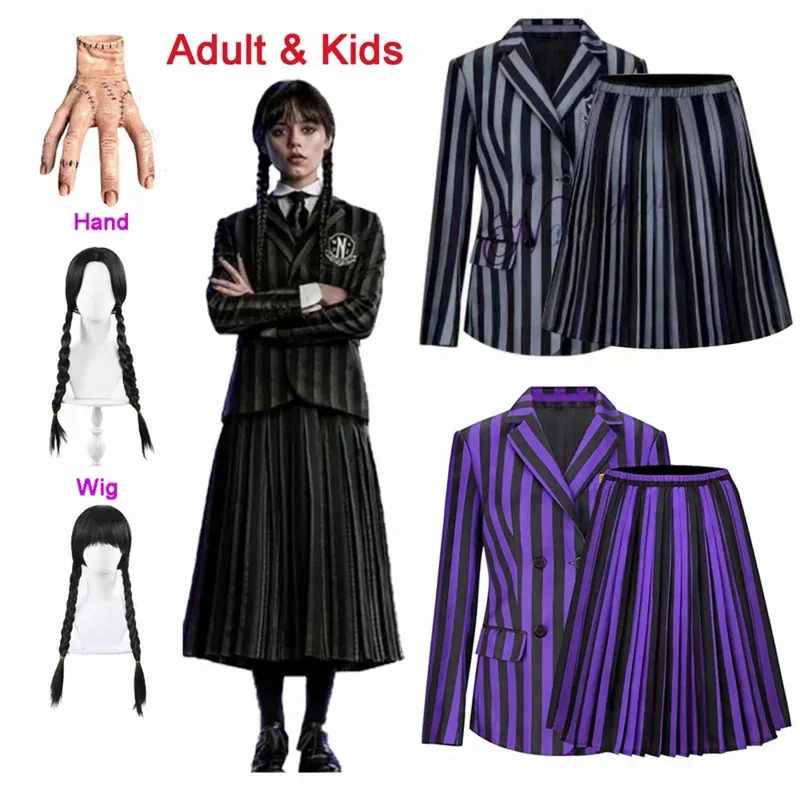 

Addams Halloween Costume Kids Girls Adult Family Birthday Party Nevermore Academy Uniform Clothes Hand Wig Cosplay