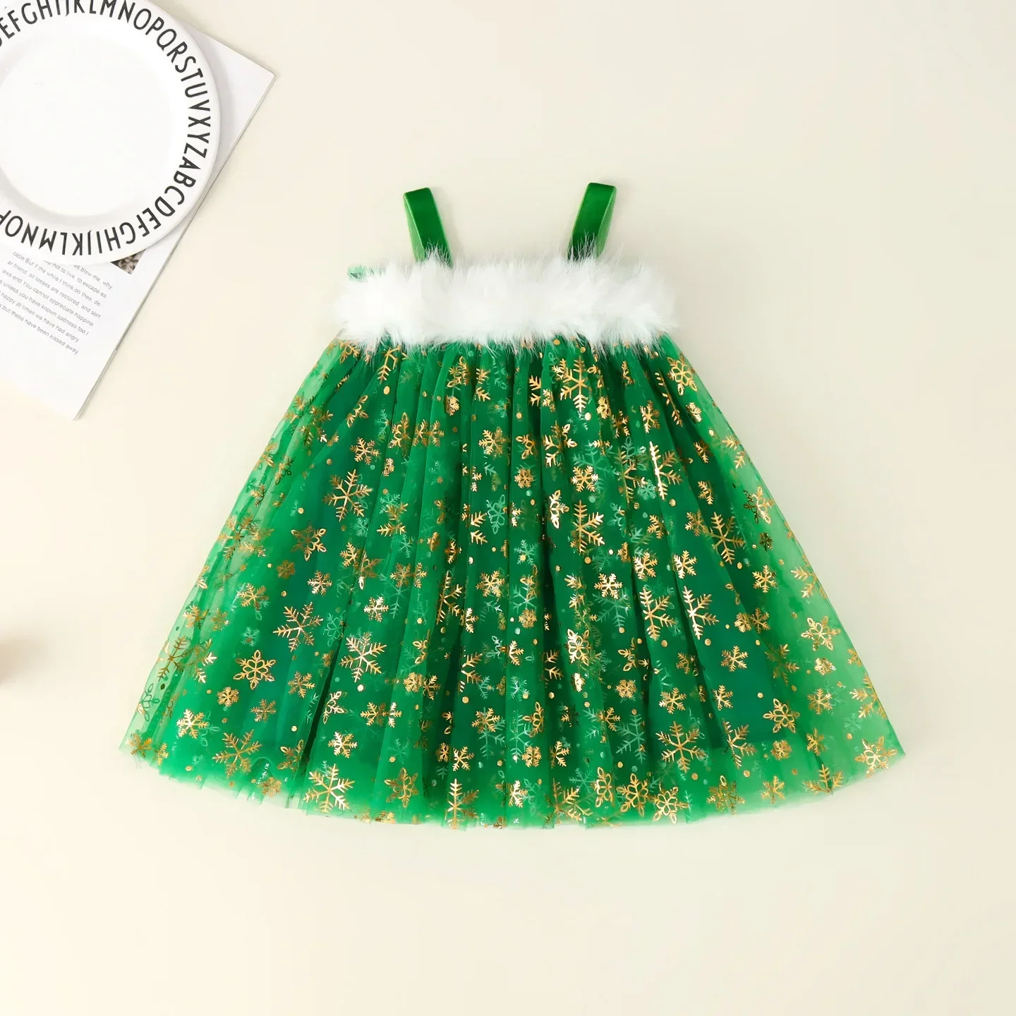 

2025 Christmas Festive 1-5Y Baby Sleeveless Dress for Girl Spaghetti Strap Princess Dress with Faux Fur Trim Kids Glittery Xmas