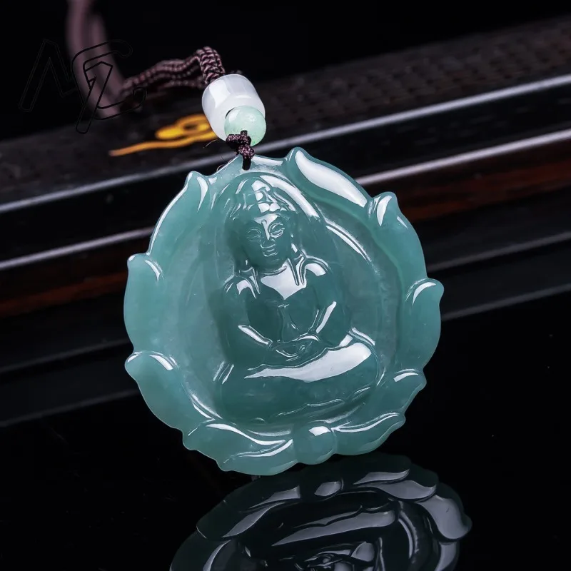 

Natural Burmese Emerald Blue Water Lace Guanyin Pendant Jadeite Amulets Designer Fashion Charm Jewelry Gifts for Men Women