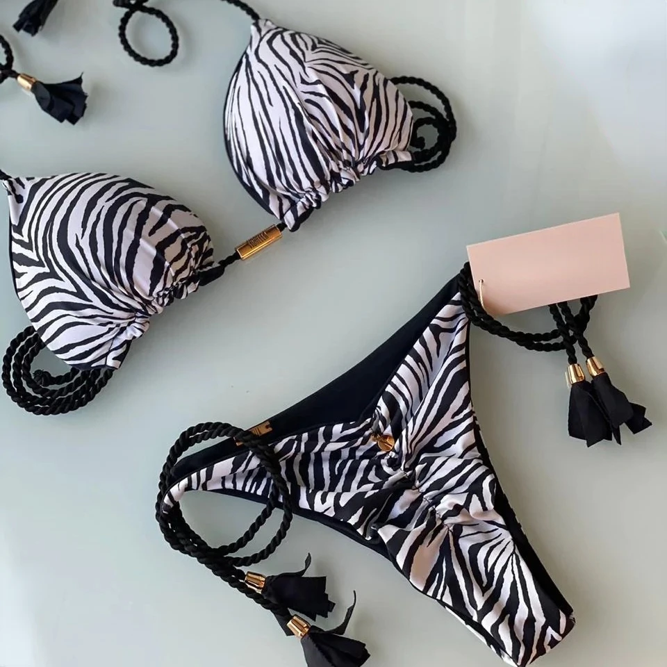 Sexy Leopard Print Bandage Bikini Set Triangle Swimsuit Push Up Swimsuit Beach Tie Bikini Set Summer Beach Outfit Thong Swimsuit