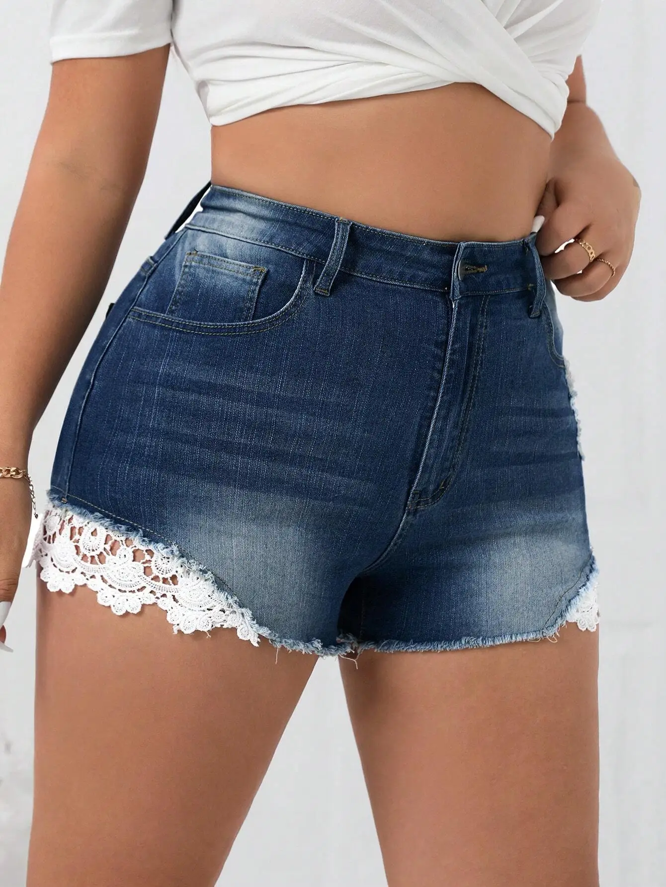 

Women's Lace Trim Denim Shorts With Distressed Pockets And Frayed Hem