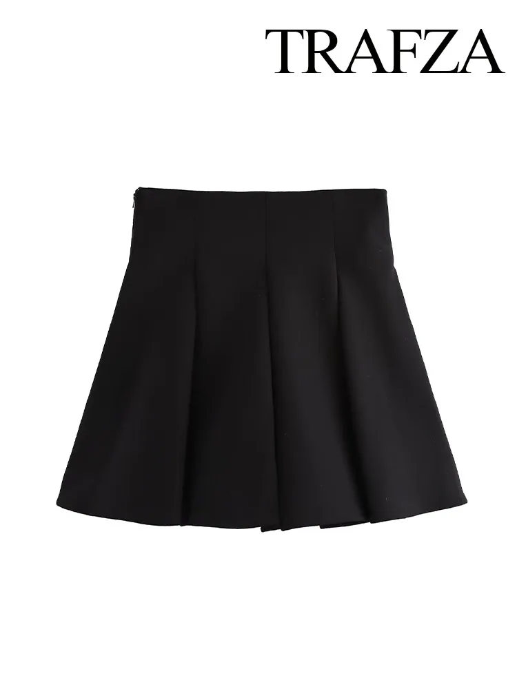 TRAFZA Women Summer Chic High Waist Side Zipper Pleated Design Mini Skirt Woman Fashion Solid Slim High Street Short Skirt Mujer