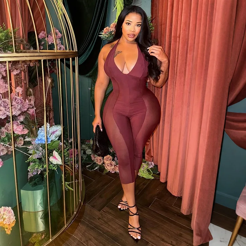 

Women Sexy See Through Mesh Patchwork Skinny Calf Length Jumpsuits V Neck Lace Up Halter Backless Peach Hip Slim Overalls