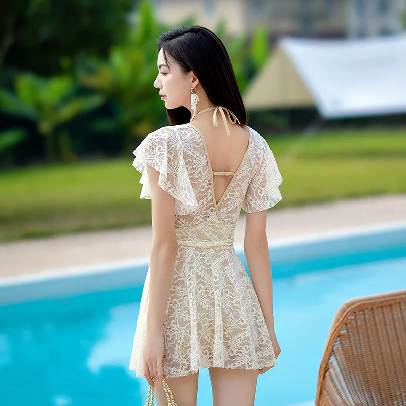 wisuwore 2023 Newest Swimsuit Women One Piece Bathing Suit Flouching Sexy Korean Style Swimwear Padded V-Neck Swim Dress