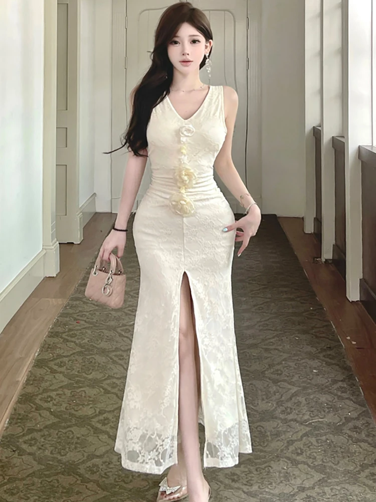 

Summer White Lace Jacquard V-Neck Sexy Sling Dress Women Elegant Casual Slit Long Dress 2025 Korean Fashion Luxury Evening Dress