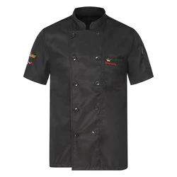 Chef casaco bordado manga curta feminino, uniforme de cozinheiro de cozinha com bolsos, gola alta, jaqueta trespassado, memes