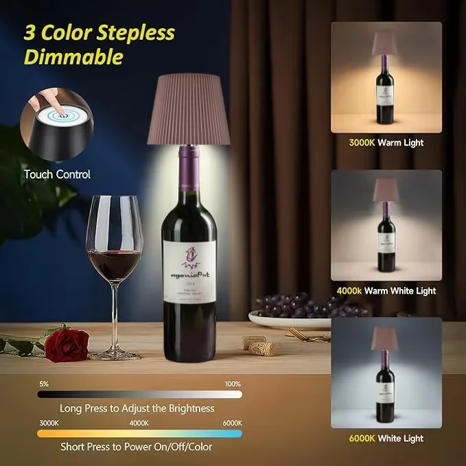 Kabellose Flaschen-Tischlampe, Touch-Steuerung in 3 Farben und stufenlose Dimmung, Nachtlampe, geeignet für Bar, Weinflaschen, Schreibtischbeleuchtung – Detail 6