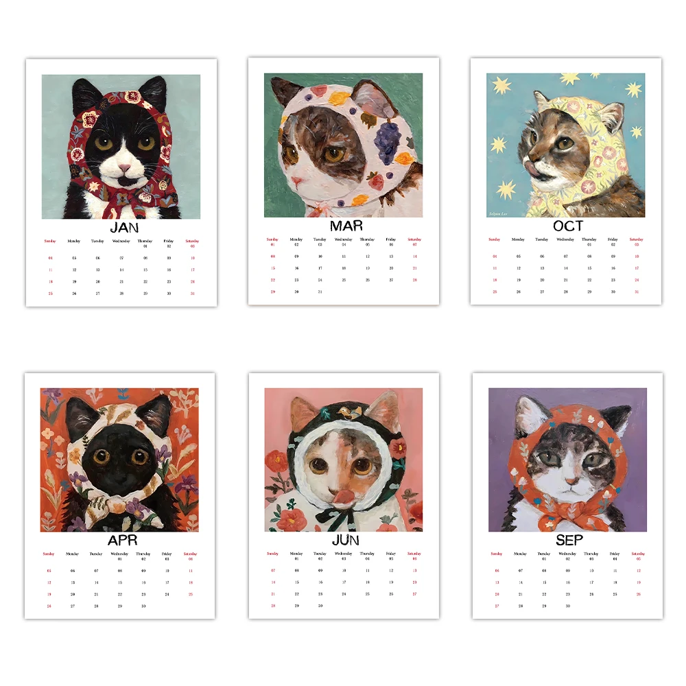 Calendrier mural 2026, autoportrait de chat, foulard de chat, 12 beaux modèles, cadeau parfait pour les anniversaires, noël, nouvel an, 1 pièce