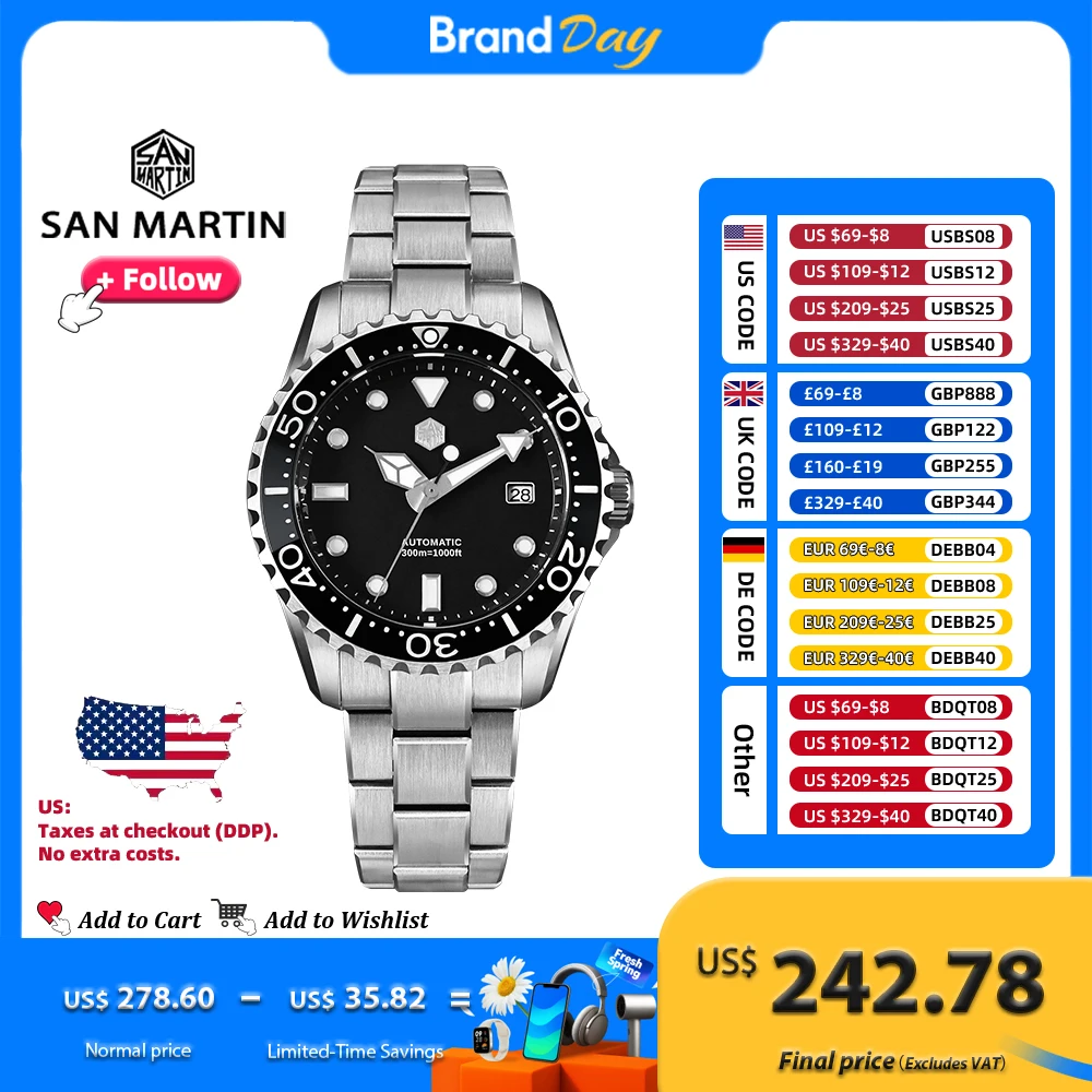 

San Martin 40 мм дайверские часы YN55 автоматический эмалевый циферблат с сапфировым стеклом 300 м водонепроницаемость роскошные мужские механические SN0009GD