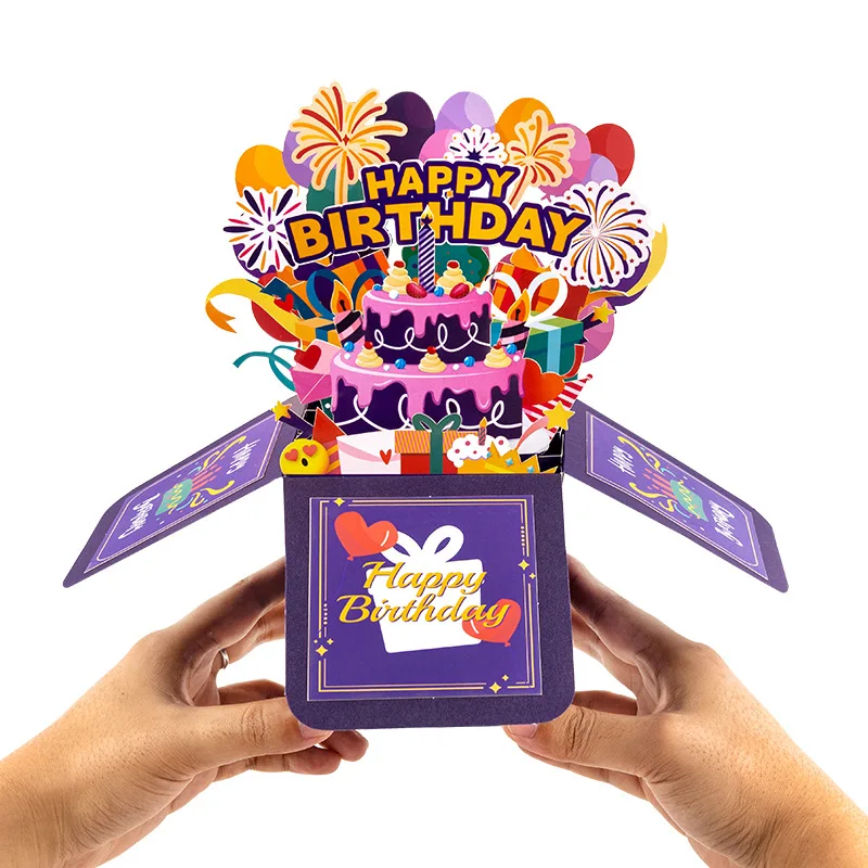 

2Pcs Gift Box with Fire-works Creative Purple 3D Pop-Up Birthday Card in a Square Box Rainbow Balloon Greeting Card