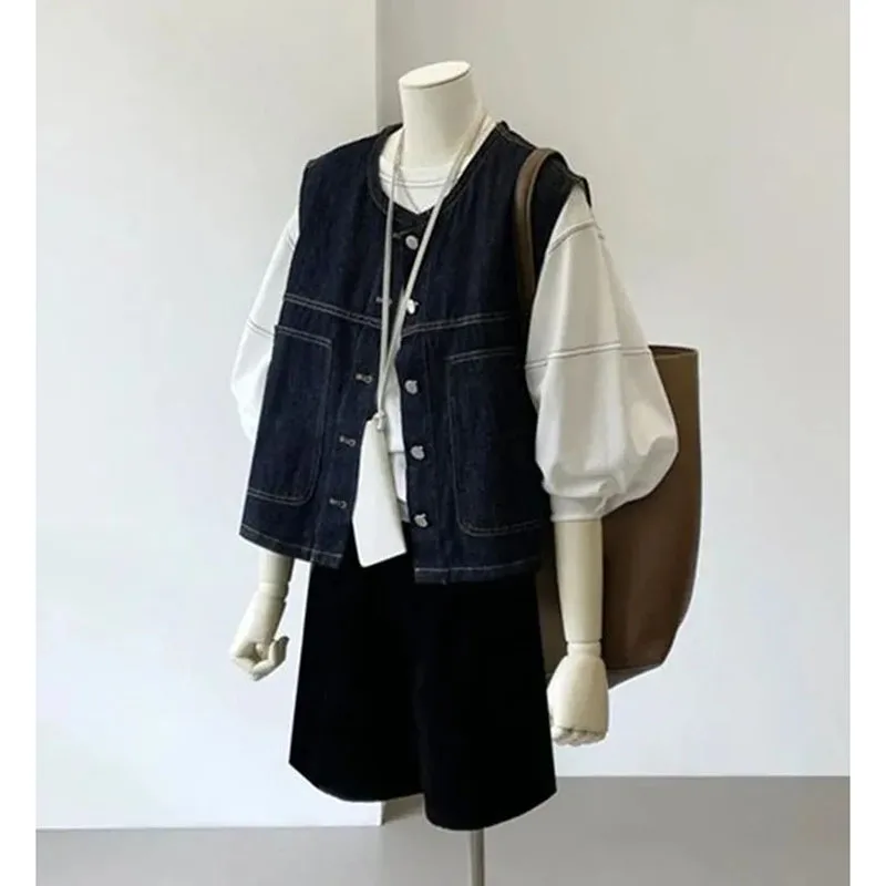 

Ретро-жилет из синего денима для женщин, весна-лето, новая модная безрукавка из джинсовой ткани, женская повседневная ковбойская куртка.